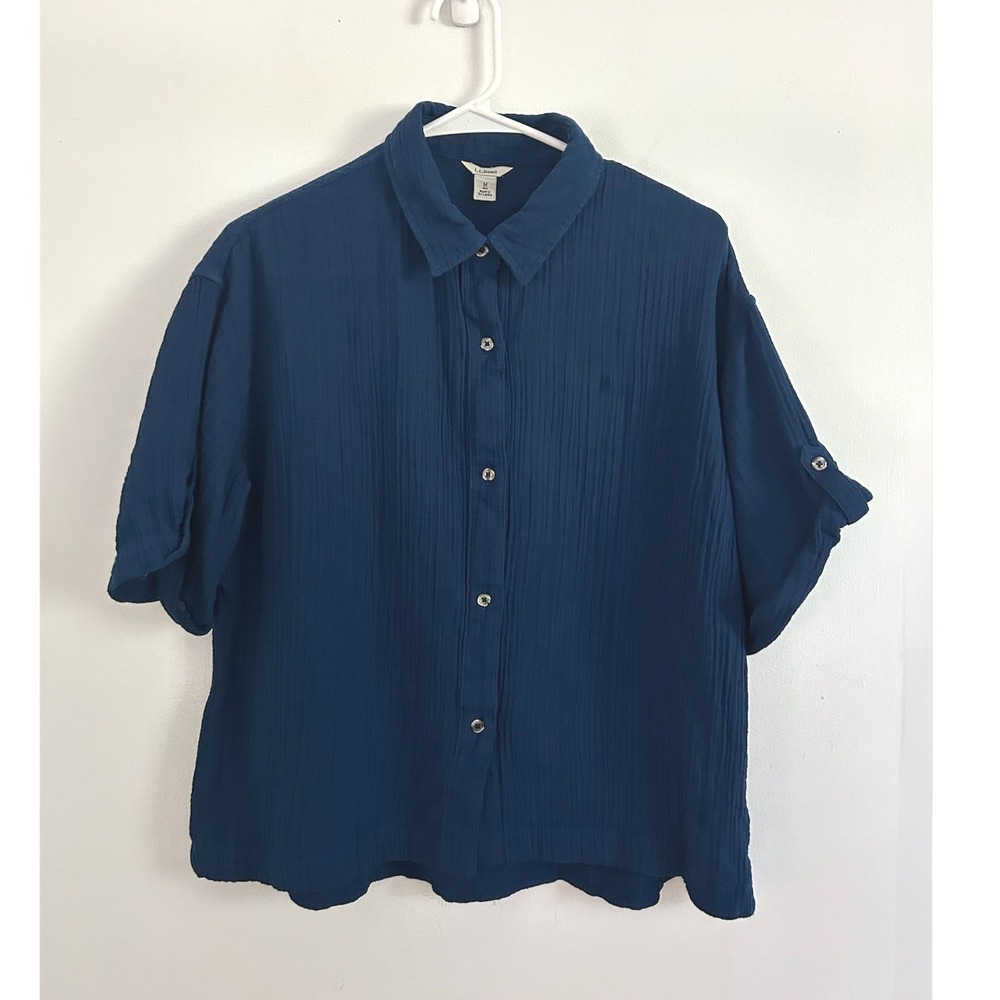 L.L.Bean Womens Navy Short Sleeve Gauze Button Front Tab Sleeve Shirt Medium